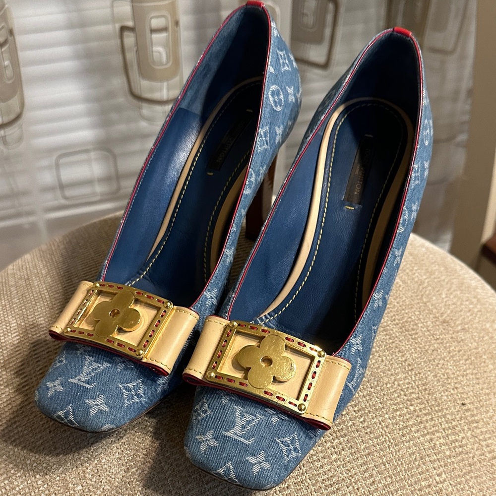 Louis Vuitton Blue Denim Heels with Gold Accent